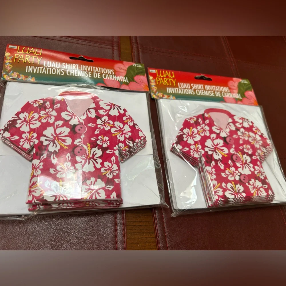 Luau Party Shirt Invitations 2 pk,12 ea=24 Adorable Flower Red Shirt w/envelopes